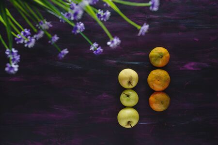 Tangerines and Apples Fresh Fruit on Hand Painted Canvas.の写真素材