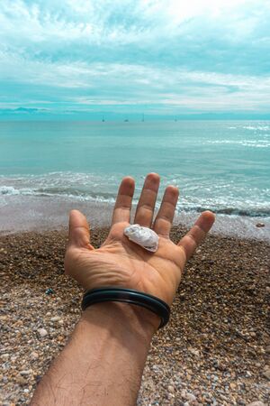 Hand Male Holding a Seashell on Virgin Mexican Beach.の写真素材