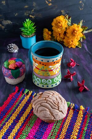 Concha Bread, Mexican Sweet Scone and Coffee Jar on Woven Tablecloth.の写真素材