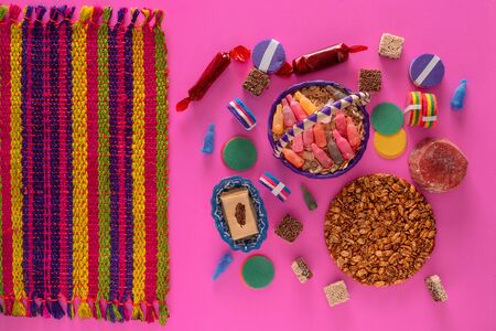 Typical Mexican Candy, Variety of Candies from Mexico and woven tablecloth.の写真素材