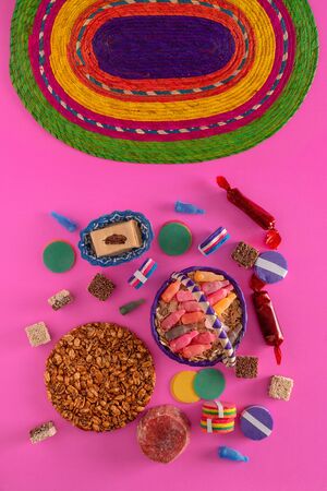 Typical Mexican Candy, Variety of Candies from Mexico and woven tablecloth.の写真素材