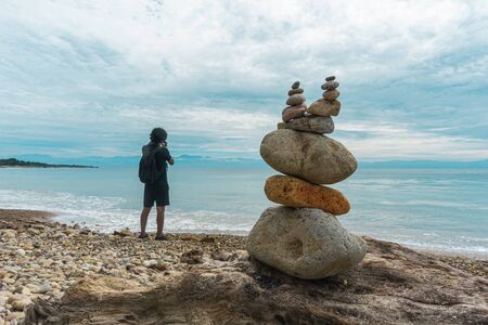 Apacheta Stone Mound in Sayulita Mexican Beachの写真素材