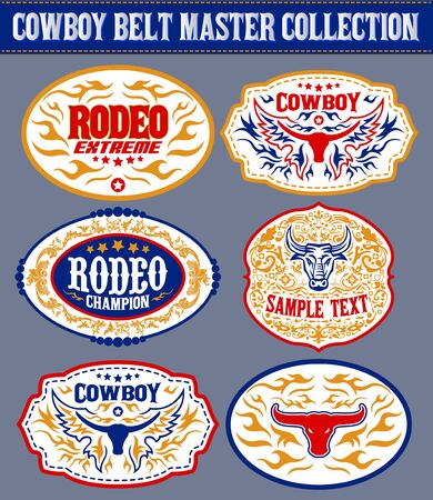 Western Style Cowboy Belt Buckle Label Master Collection Set.のイラスト素材