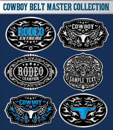 Western Style Cowboy Belt Buckle Label Master Collection Set.のイラスト素材