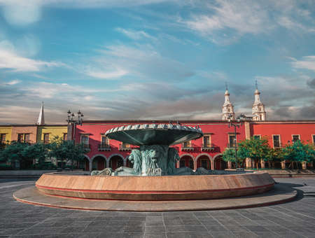 Lions Fountain in Colonial Plaza Garden in Leon Guanajuato Mexico.の写真素材