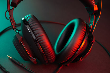 Gamer Headphones Dark Background and colorful Light.の写真素材