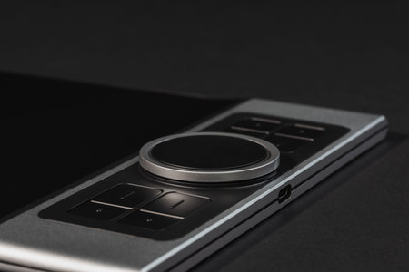 Round Dial Studio edit device with buttons on dark background.