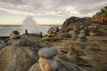 Apacheta Stone Mound in Sayulita Mexican Beachの写真素材