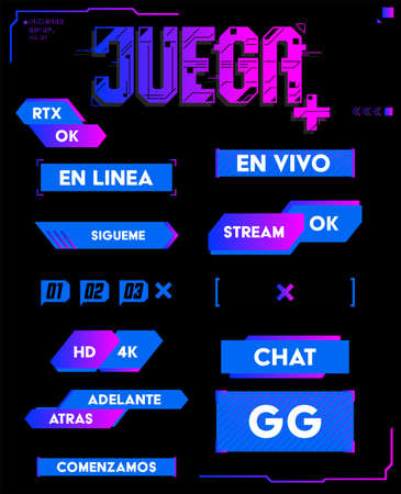 Juega, Play Spanish text Gaming Stream Interface elements, vector editable design.のイラスト素材
