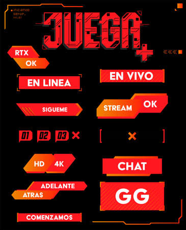 Juega, Play Spanish text Gaming Stream Interface elements, vector editable design.のイラスト素材