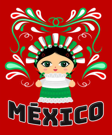Mexican Doll with decorative ornaments and vector Mexico text.のイラスト素材