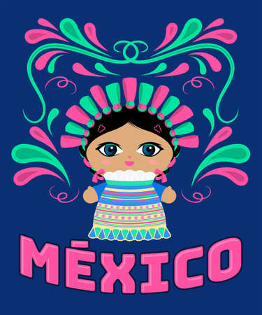 Mexican Doll with decorative ornaments and vector Mexico text.のイラスト素材