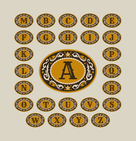 Western Style Cowboy Belt Buckle Alphabet Monogram Master Collection Setのイラスト素材
