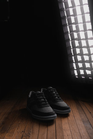 Men Shoes on wood background Studio Photography.の写真素材