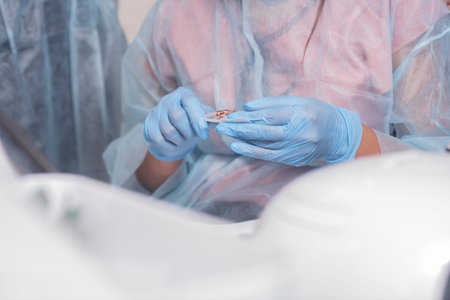 Close-up of the hands of a dentist in gloves and a protective mask