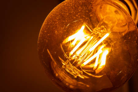 Decorative carbon filament bulb light. Dust on the glass. Macro photography.の写真素材