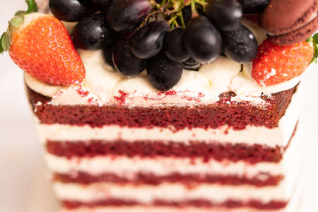 Red velvet cake. Slice of cake. Raspberry cake. Devil's cake. Wedding dessert. Birthday party. Delicious dessert. Traditional american dessertの写真素材