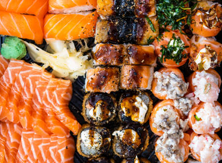 Close-up at Sashimi, Salmon set. Japanese cuisine. Tasty food. Japanese food.の写真素材