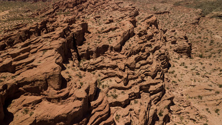 Aerial  view of rock formation called Los Colorados, near Cafayate city, Salta province, Argentina....