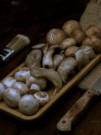 Mushrooms in a wooden bowl and a knife on a wooden tableの写真素材