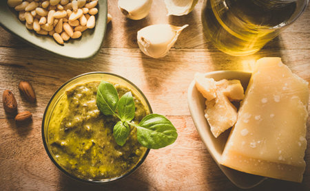 Pesto sauce with parmesan cheese and pine nuts on wooden backgroundの写真素材