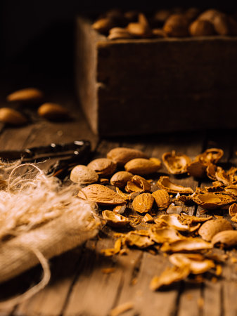 Almond nuts in a wooden box. Select focus. High quality photosの写真素材