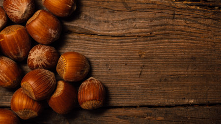 Hazelnuts on a wooden background. top view. Copyspace.の写真素材