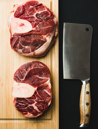 Fresh raw beef steaks on cutting board with knife on black background hatchet