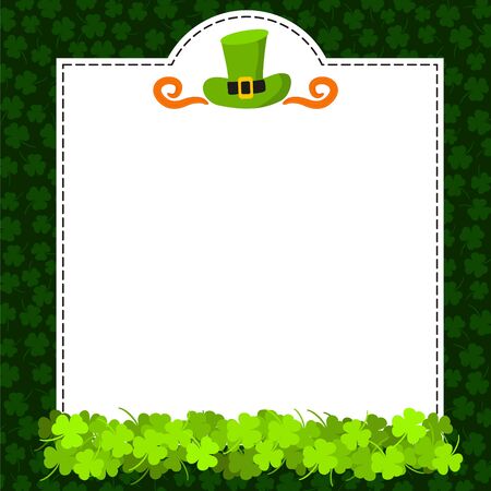 Poster for St. Patrick's Day. White square frame from green leaves of a trefoil on a dark green background. Green leprechaun hat and red mustache. Illustration for cards, posters and bannersのイラスト素材