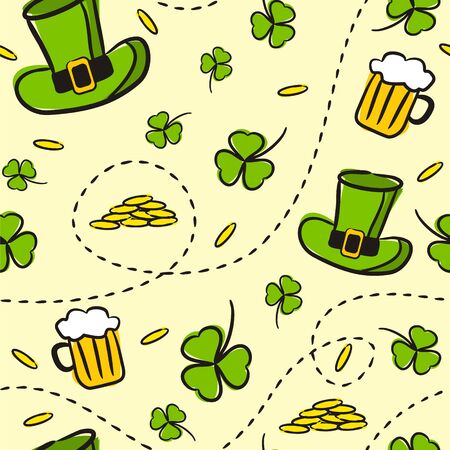 Seamless pattern on the theme of St. Patrick's Day. Light background with clover leaves, green hats, beer and gold coins. Pattern for decorating holiday posters, cards. Hand drawn doodle styleのイラスト素材