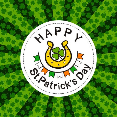 St. Patrick's Day Party Poster in hand drawn style. Irish elements on the white round frame. Gold Horseshoe, Shamrock and Irish Flag. Template for the design of posters, cards, bannersのイラスト素材