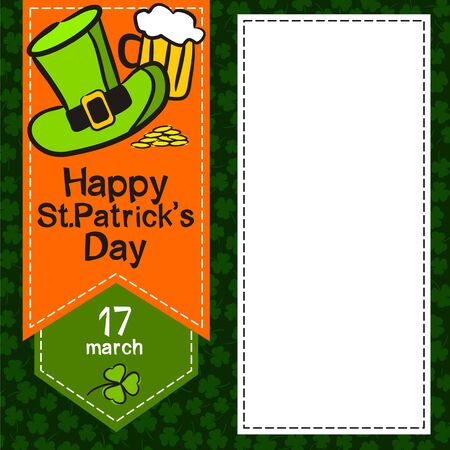 Poster or menu template on the theme of St. Patrick's Day. On a background of shamrocks is an orange label with a green hat and a beer and a white box for text. Template for the design of banners,のイラスト素材