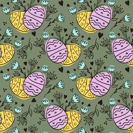 Black and white hand-drawn pattern with easter eggs, flowers and hearts. Pink, blue and yellow spots on a gray-green background Seamless Easter vector pattern in doodle style.の写真素材