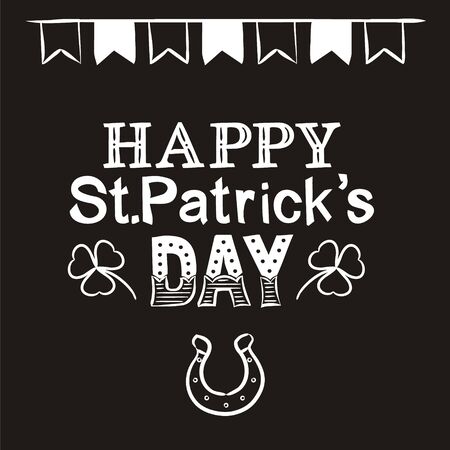 Greeting card for St. Patrick's Day in chalk style. White outline on a black chalkboard. horseshoe and chalky lettering. Doodle style. Vector illustrationの写真素材