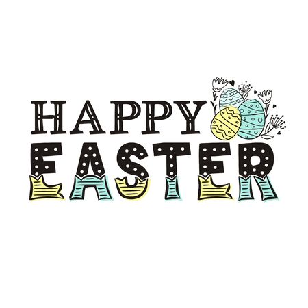 Lettering of the phrase Happy Easter. Black letters on a white background and hand-drawn painted Easter eggs. Vector lettering for the design of posters, cards and banners.の写真素材