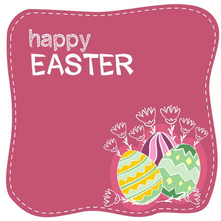 Easter card with a dark pink background and three painted eggs. Blank for postcard, poster or banner. Easter template with empty lines for text.の写真素材