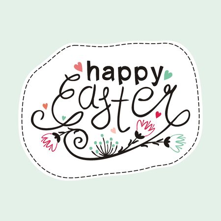 Happy Easter text illustration. Hand drawn Easter typography with flowers for greeting cards isolated on white backgroundの写真素材