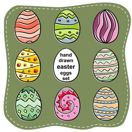 Bright colored easter eggs hand-drawn. Decor elements for Easter cards, posters and design. Set of 8 painted eggs.の写真素材