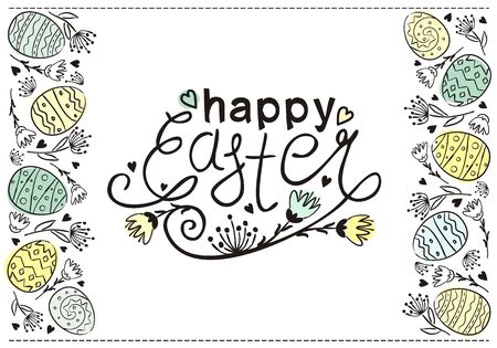 Happy Easter text vector. Hand drawn Easter typography with flowers for greeting cards isolated on white background. Easter eggs patternの写真素材