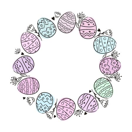 Round frame of hand-drawn easter eggs and flowers. Painted in watercolor spots. Cute easter wreath on a white background for the design of holiday cards and posters. Vector illustrationの写真素材