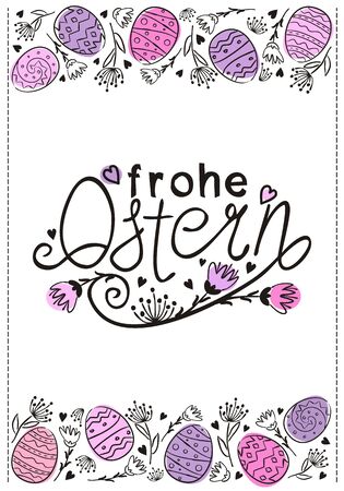 Happy Easter text vector in German language. Hand drawn Easter typography with flowers for greeting cards isolated on white background. Easter eggs patternの写真素材