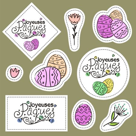 Set of easter stickers hand-drawn. Lettering of the phrase "Happy Easter" in French language, flowers, painted eggs. The vector illustration for printing and design posters and web applications.の写真素材