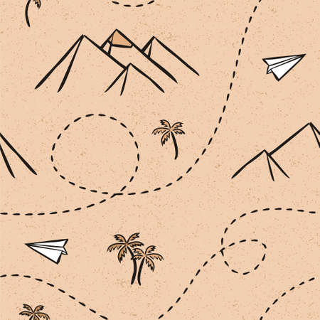 Desert seamless vector pattern. Travel map. Egyptian Pramids. Hand-drawn traveler's path. Geographic vector map. Vector background with desert and palms.のイラスト素材