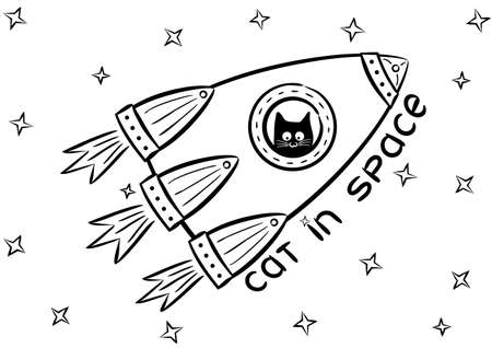 Cat in space. Doodle cat in rocket. Cute space postcard. Vector cat. Vectorのイラスト素材