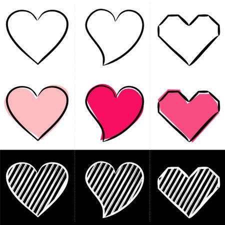 Set of hand-drawn hearts. Collection of icons in chalk and doodle styles. Vector illustration.のイラスト素材