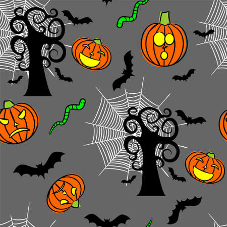 Seamless Halloween pattern. Black twisted tree, bats, cobwebs, green worms and pumpkins with carved eyes. Vector illustrationのイラスト素材