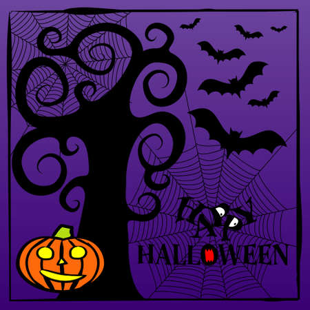Hand-drawn illustration on the theme of Halloween. Black twisted tree on a purple background, bats, cobwebs and pumpkin with cut out eyes. Vector illustration.のイラスト素材