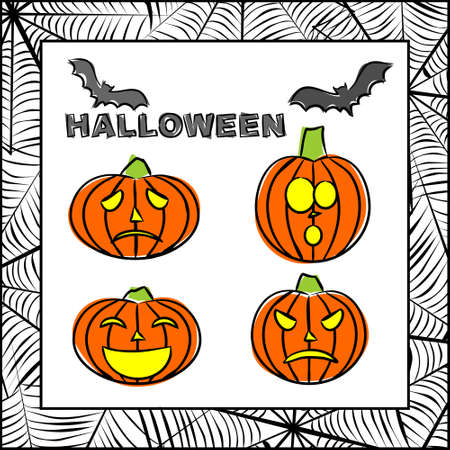 Hand-drawn Halloween elements frame, bats, pumpkins and title. Vector illustration in doodle styleのイラスト素材