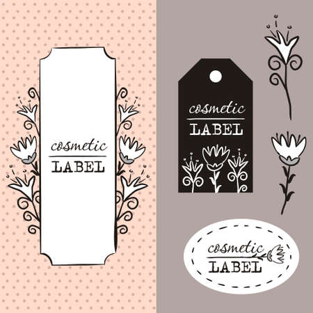 Labels for cosmetics. Vector floral template for label design. Flower logo. Cosmetic logo. Label for the product. Gray pink floral pattern. Set of graphic elements for packaging design.のイラスト素材