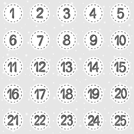 Advent calendar. Advent stickers with numbers. Christmas advent calendar, hand drawn style. Vector illustration.のイラスト素材